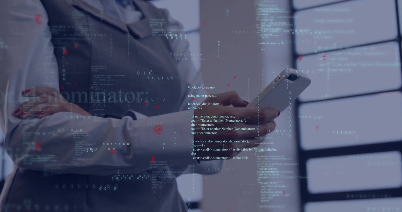 Businesswoman Using Smartphone with Digital Data Overlay