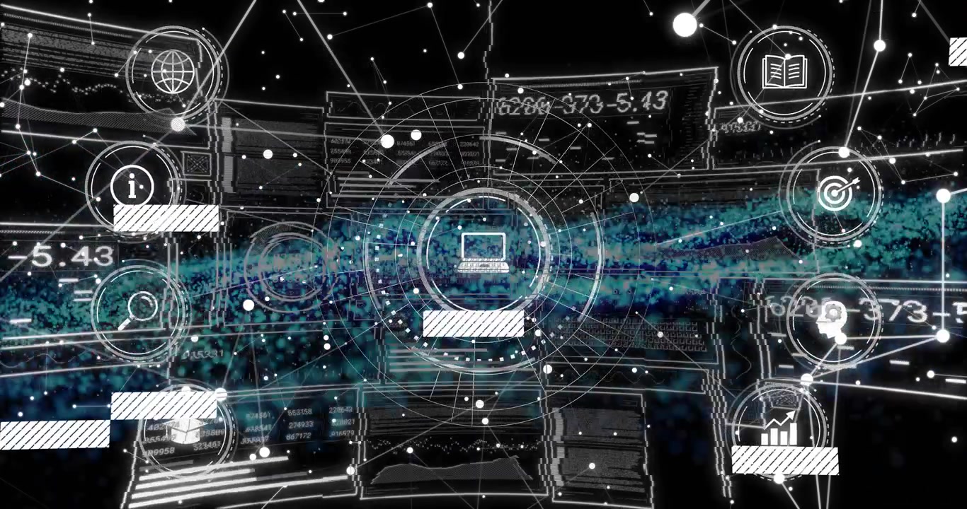 Particle flow initiating HUD drawing, laptop icon appearing and sliding bars visualizing data