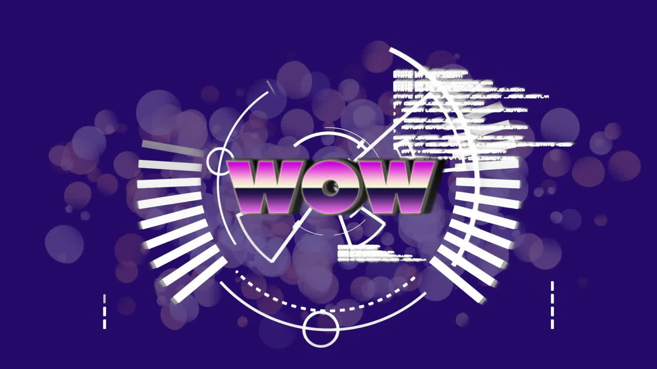 WOW text animation over abstract geometric shapes and bokeh background