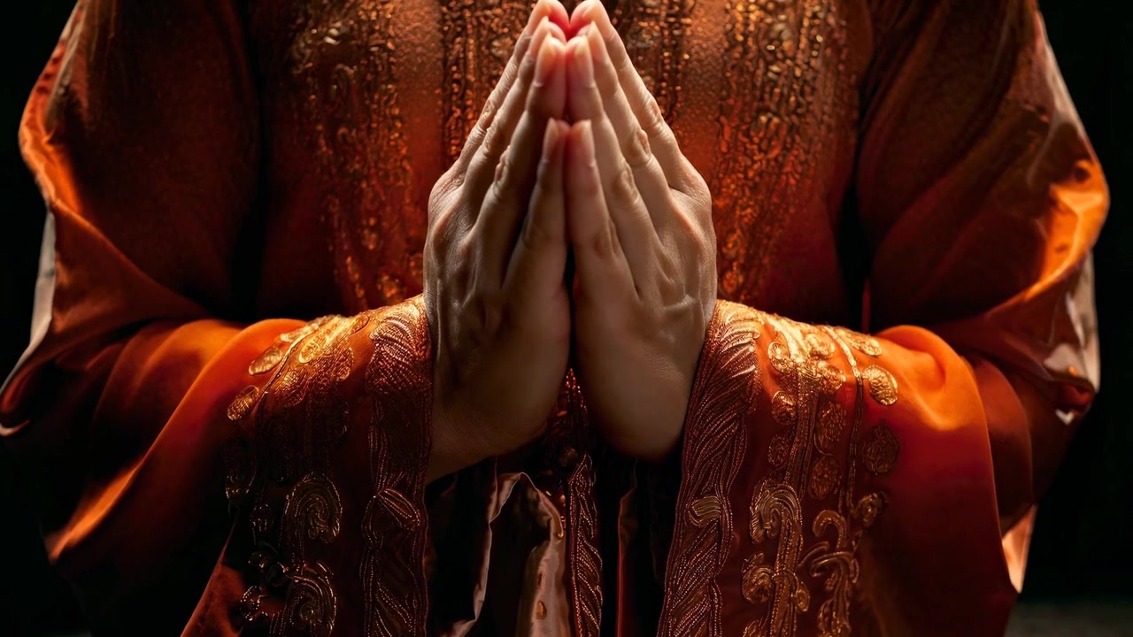 Person in Traditional Robes Praying with Hands Together