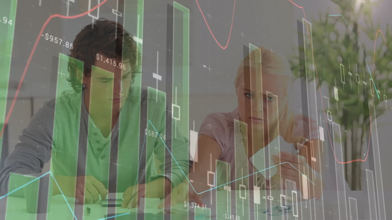animación de radar, globo y gráficos sobre pareja caucásica estresada por las facturas pendientes en casa.