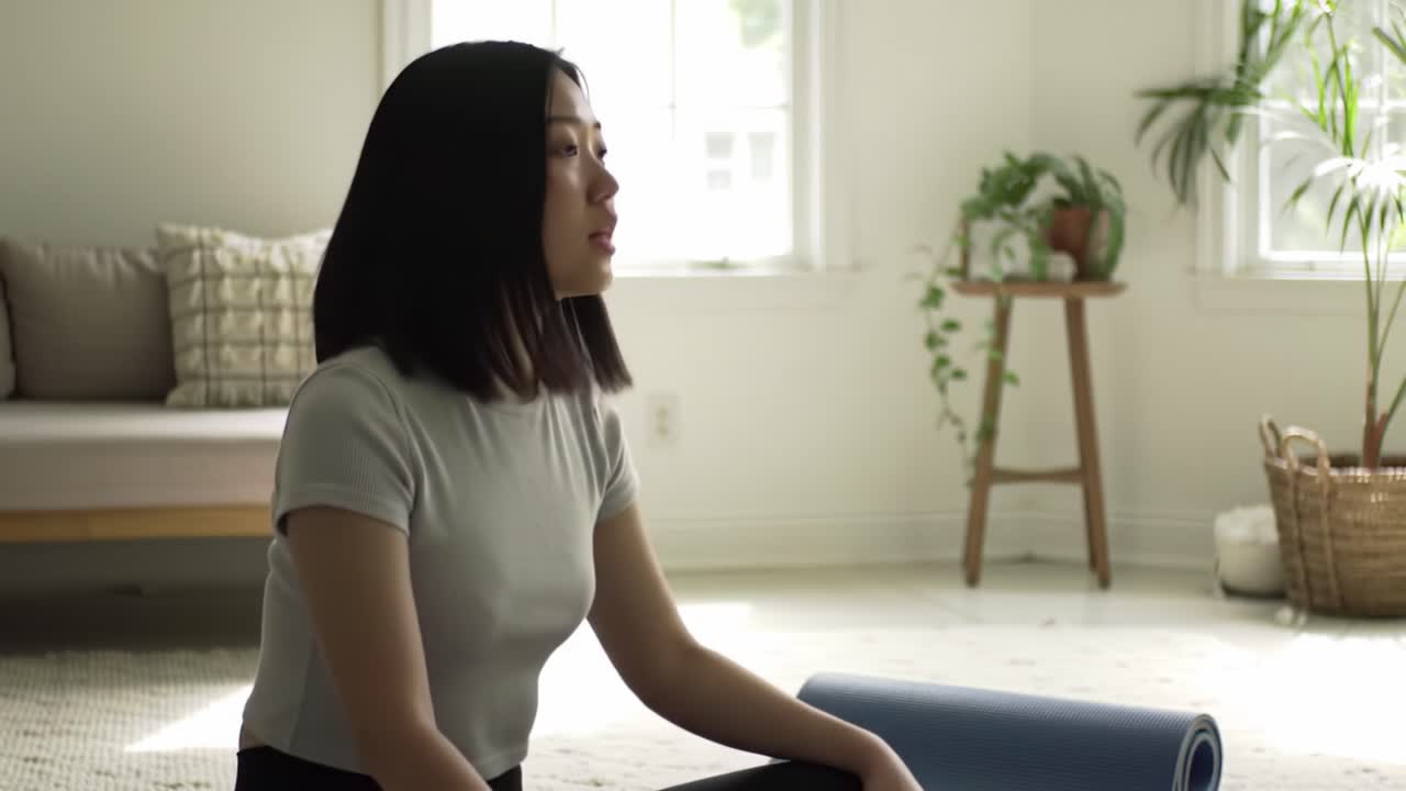 A Serene Moment of Reflection: A Young Woman Sitting Calmly in a Minimalist Room, Engaging with Her Thoughts While Seated Beside a Yoga Mat