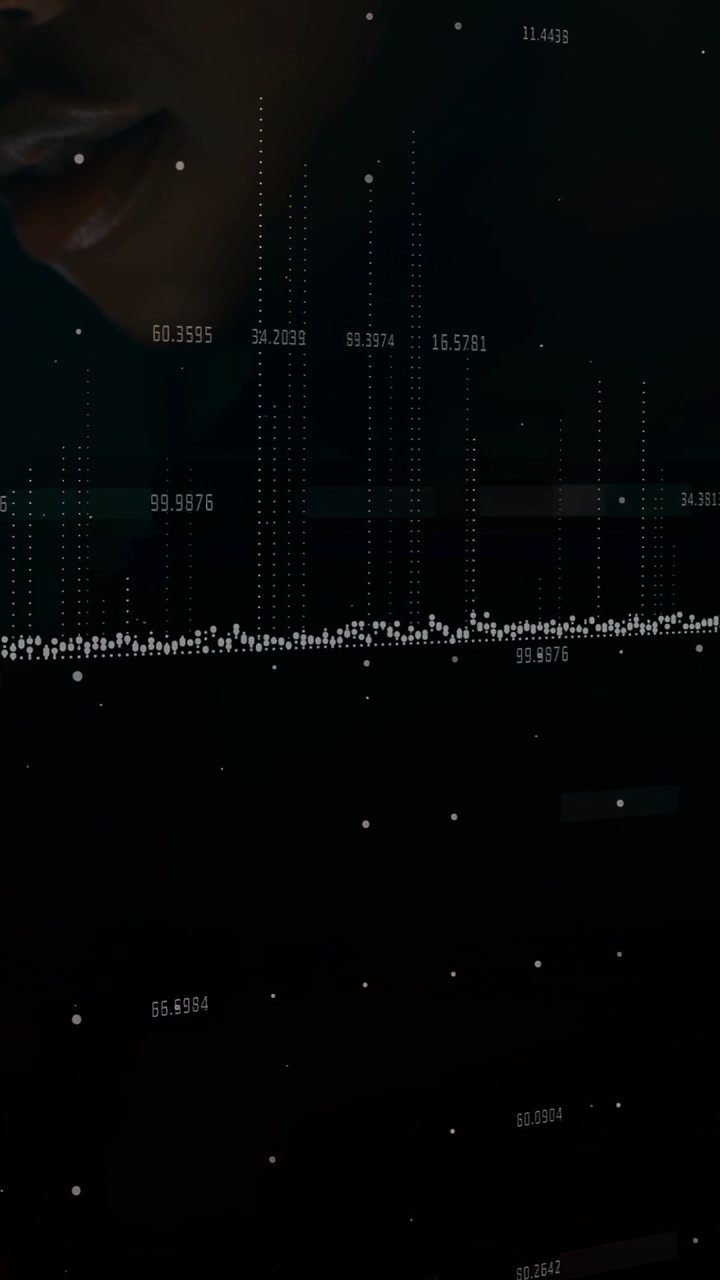 Vertical video: Woman lifting hand near mouth in dark tech, starting center waveform and data bars