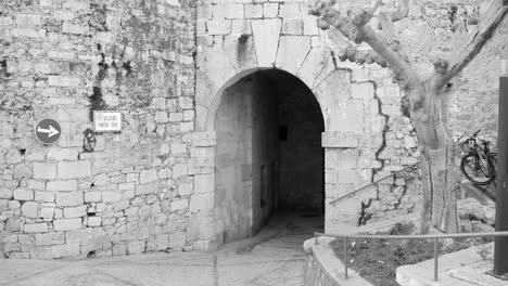 a bike resting beside an old tree and the fortified medieval walled city of peniscola, spain- pan shot