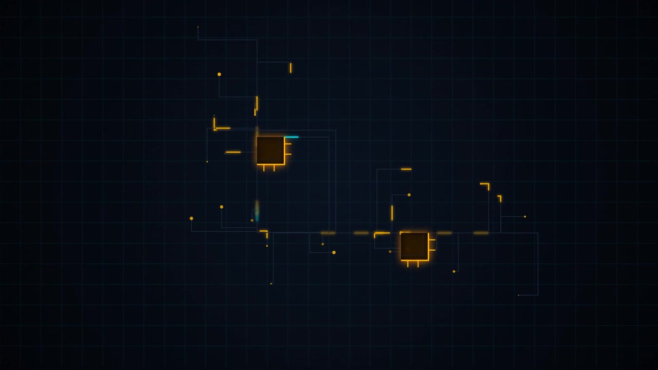 Digital Circuit Board Animation with Glowing Data Flow