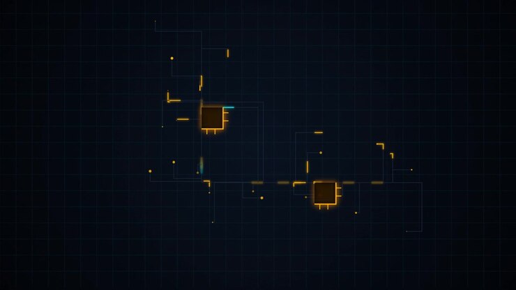 Digital Circuit Board Animation with Glowing Data Flow