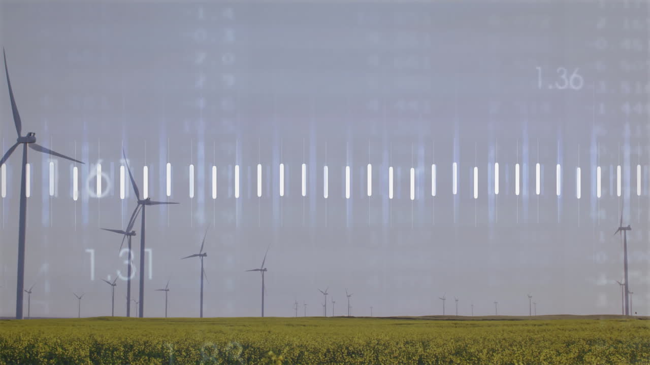 Wind turbines spinning in field with data processing animation overlay