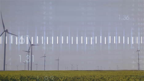 wind turbines spinning in field with data processing animation overlay