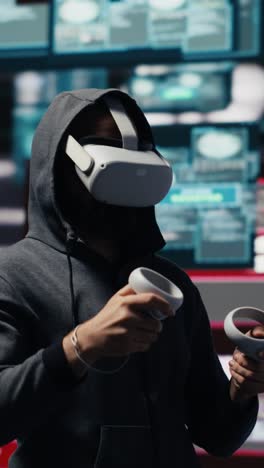 vertical video man uses virtual reality headset for system corruption and password cracking