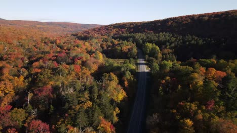 beautiful aerial drone footage of the fall leaves on and around mount hor, mount pisgah, and lake willoughby during peak autumn foliage at willoughby state forest in westmore, vermont