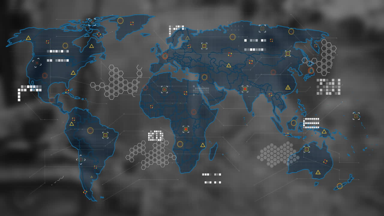 Digital world map overlay floating on blurred background, showing hexagonal grids and data markers
