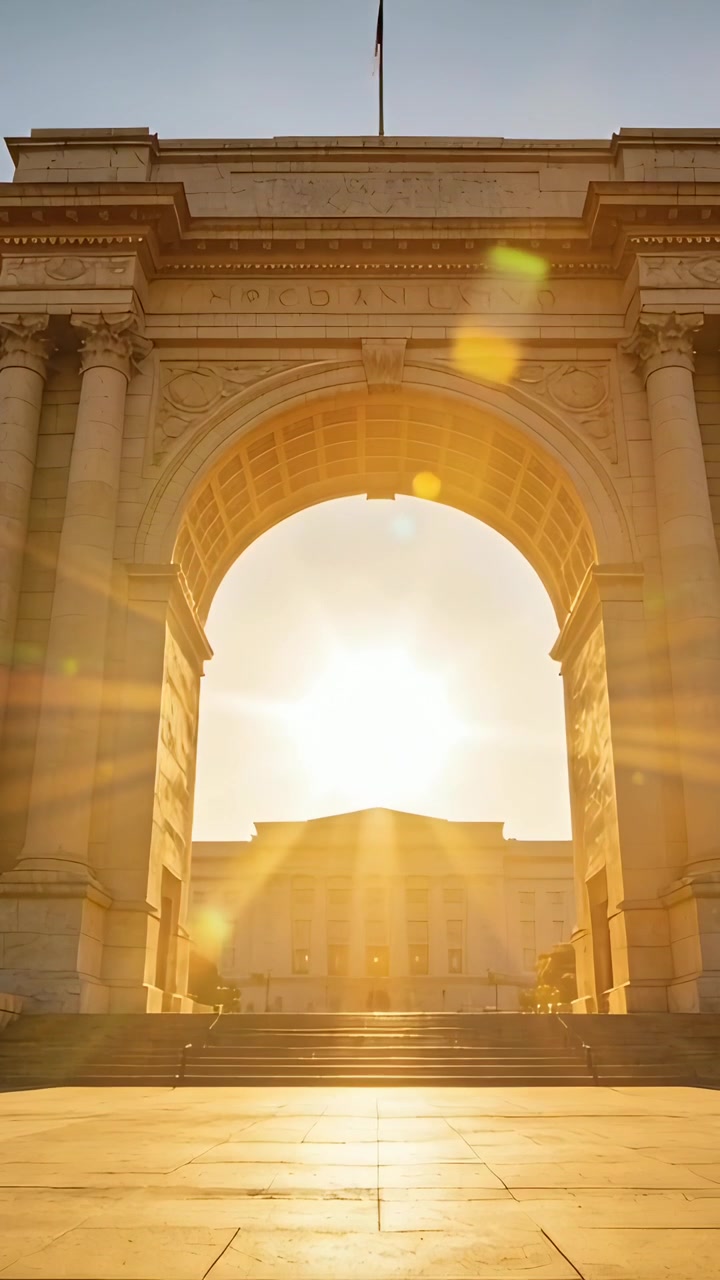 Video verticale: Sole che si sposta dietro un arco neoclassico, inondando scalini e piazza con un bagliore dell'obiettivo