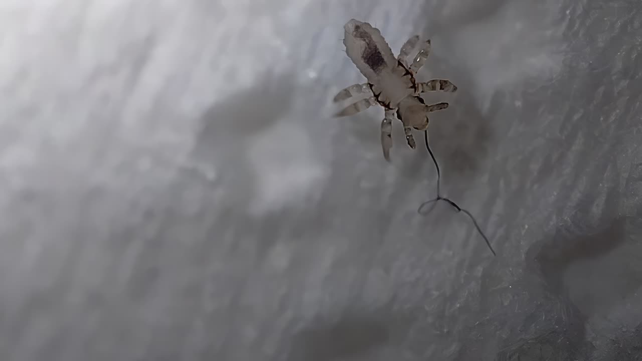 Close up shot of a Louse (Lice) walking, wingless parasitic Chewing insects