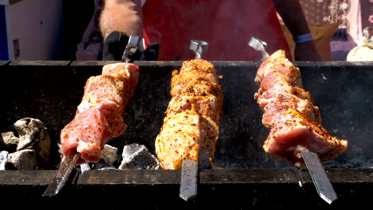 야생에서 그릴에 요리 된 shish kebab. 거리 음식. 개에 긴 고기