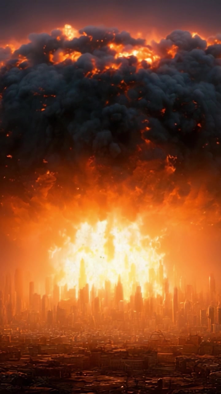 Una vista mozzafiato di un'esplosione catastrofica che inghiotte lo skyline di una città, con nuvole infuocate che si innalzano sopra un paesaggio urbano devastato, mostrando la schiacciante potenza della distruzione