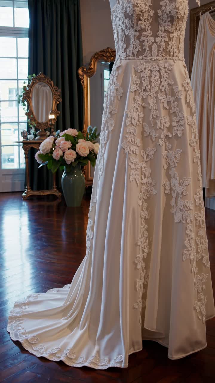 Elegant bridal gown with lace details in a luxurious room. Low-angle shot captures the dress's flow