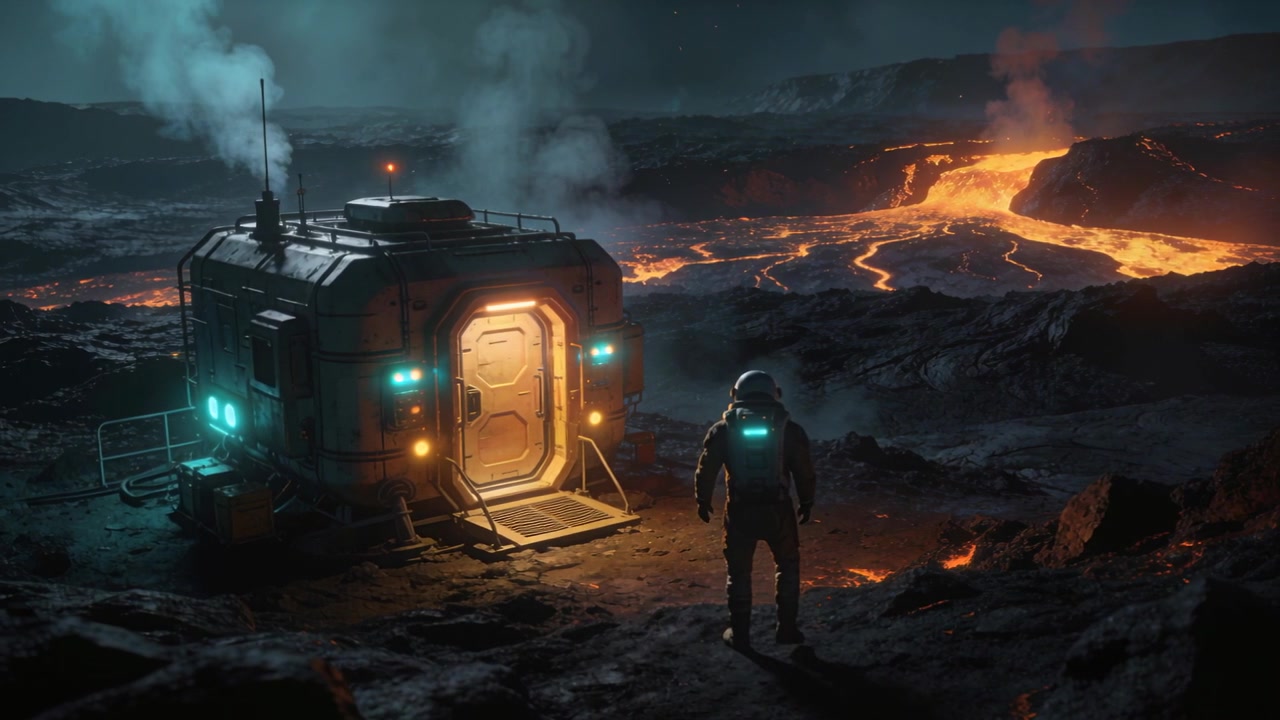 Responding to lit doorway, suited explorer moving toward module on lava plain, copy space