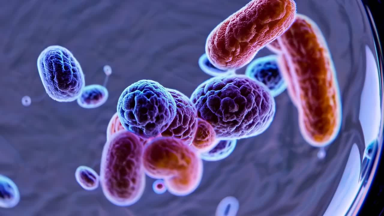 Close-up video of bacteria in motion, viewed from above. The style is scientific and detailed