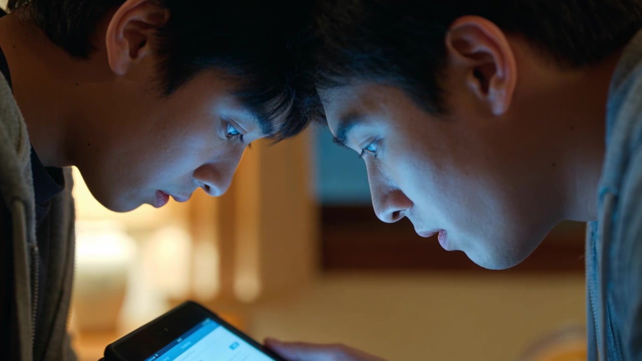 タブレットが点灯した後、ベッドサイドでランプの光の下、画面を読んでいるパーカーを着た2人の10代の少年が身を乗り出している。