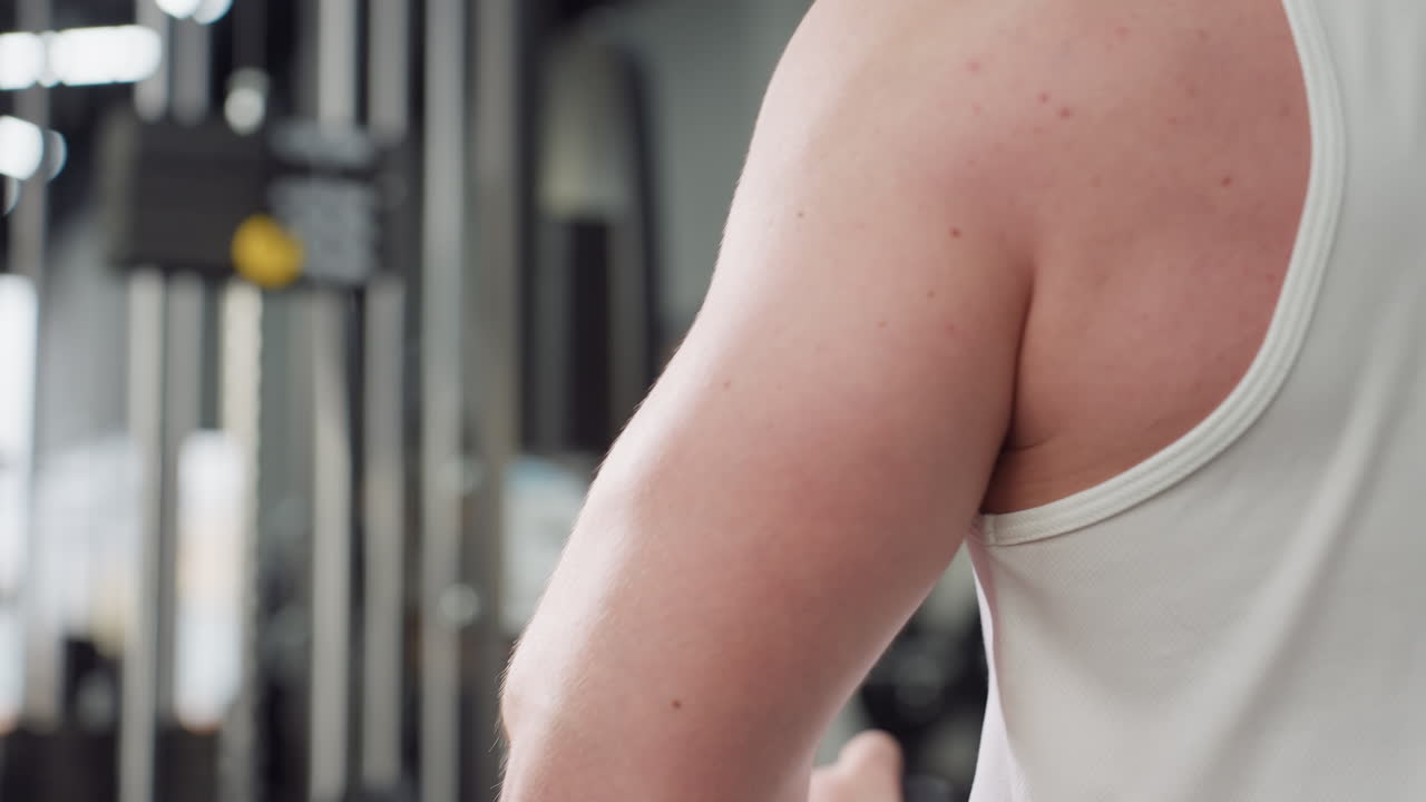 Bodybuilder arm pressing chest press handle on weight machine, muscles contracting under sleeveless shirt as he pushes resistance for intense strength training in gym with focused determination
