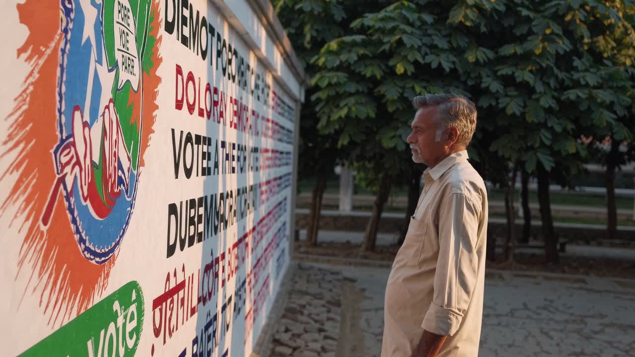 Elderly man gazes thoughtfully at vibrant political wall art, absorbing messages about democracy and civic engagement, reflecting on the importance of voting in a community setting