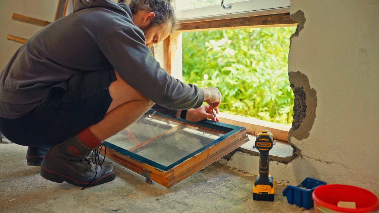 A Man is Installing a Window Frame in a Wall Opening Indoors - Close Up