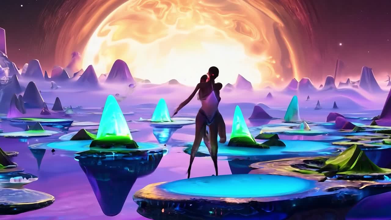 세 명의 여성들이 환상적인 풍경에서 춤을 추고 있습니다.