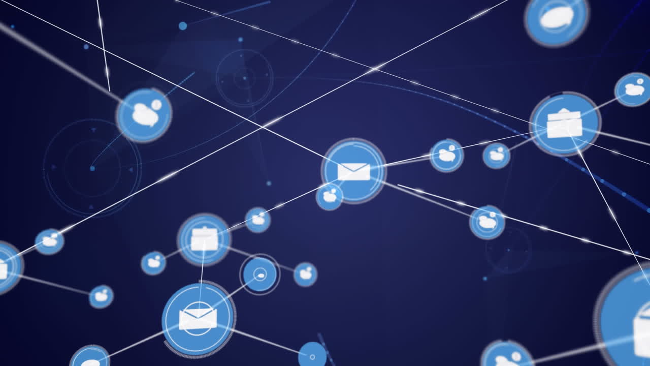 animación de datos y red de conexiones con iconos sobre fondo oscuro