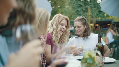 friends with drinks at dinner party outdoors.