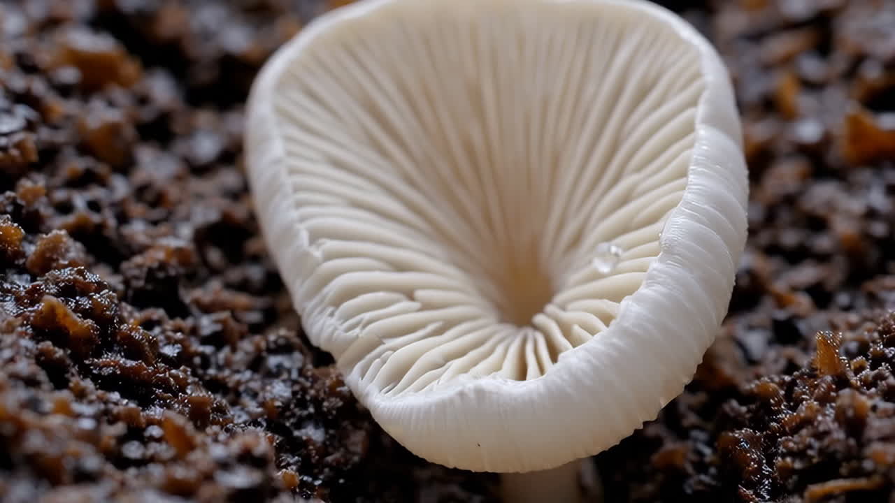 Close-up of a White Mushroom's Gills with a Water Droplet