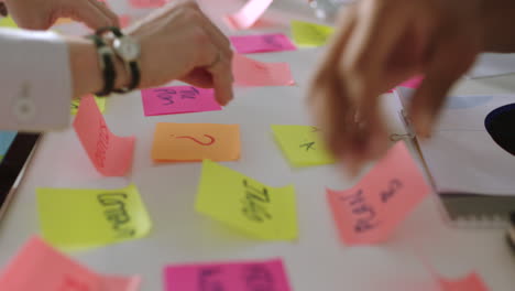 manos, notas adhesivas o tormenta de ideas en equipo