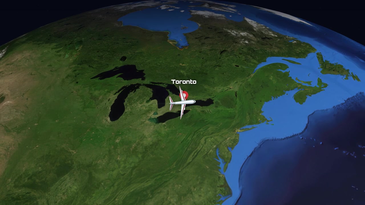 Satellittanimasjon følger et kommersielt fly som flyr fra Las Vegas til Toronto over Nord-Amerika.