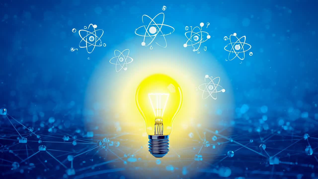 Pulsing atomic orbits and flickering nodes sparking bulb glowing in blue network, radiant aura