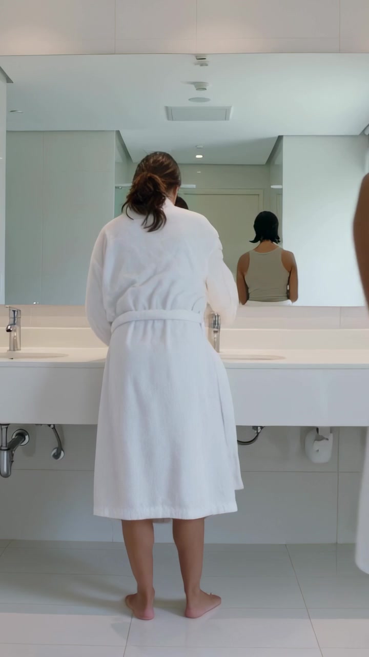 Vertical video: Rinsing woman in white bathrobe at bathroom sink, companion bringing towel to dry