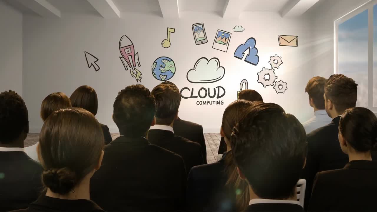 클라우드 컴퓨팅을 보여주는 디지털 화면을 보는 사업가들