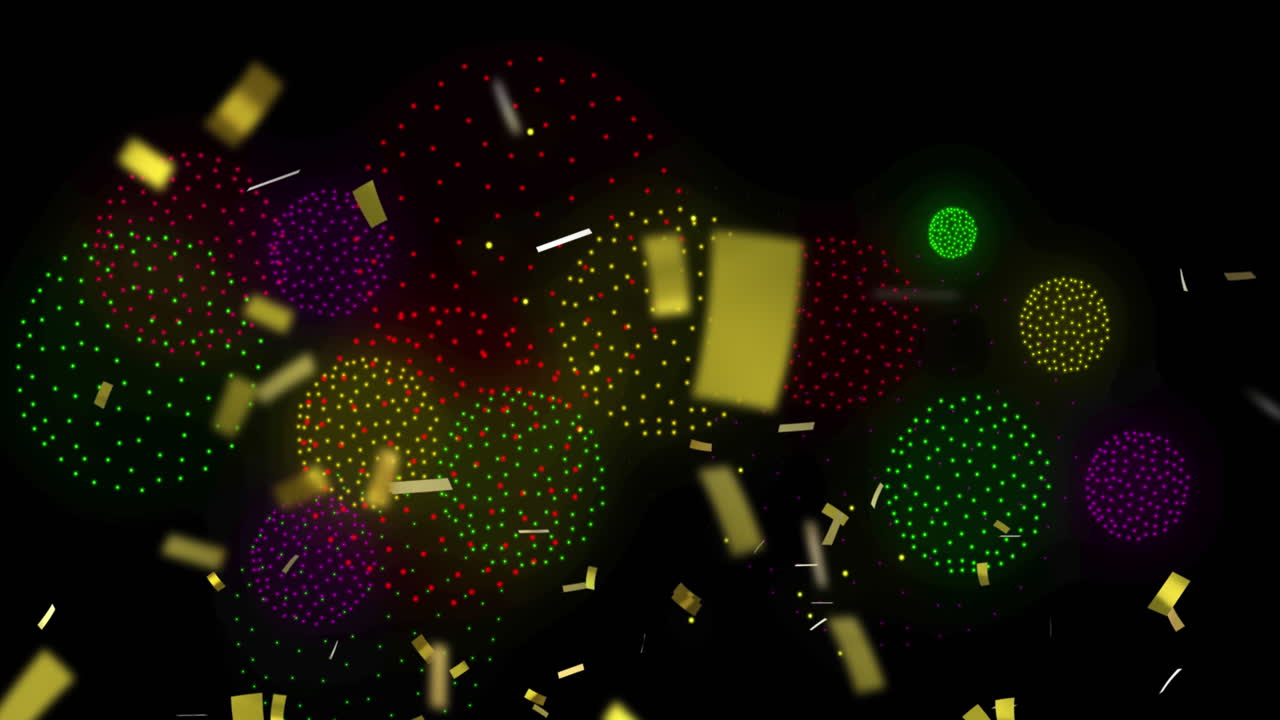 Animation of confetti over shapes and fireworks on black backrgound
