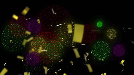 animación de confeti sobre formas y fuegos artificiales en fondo negro
