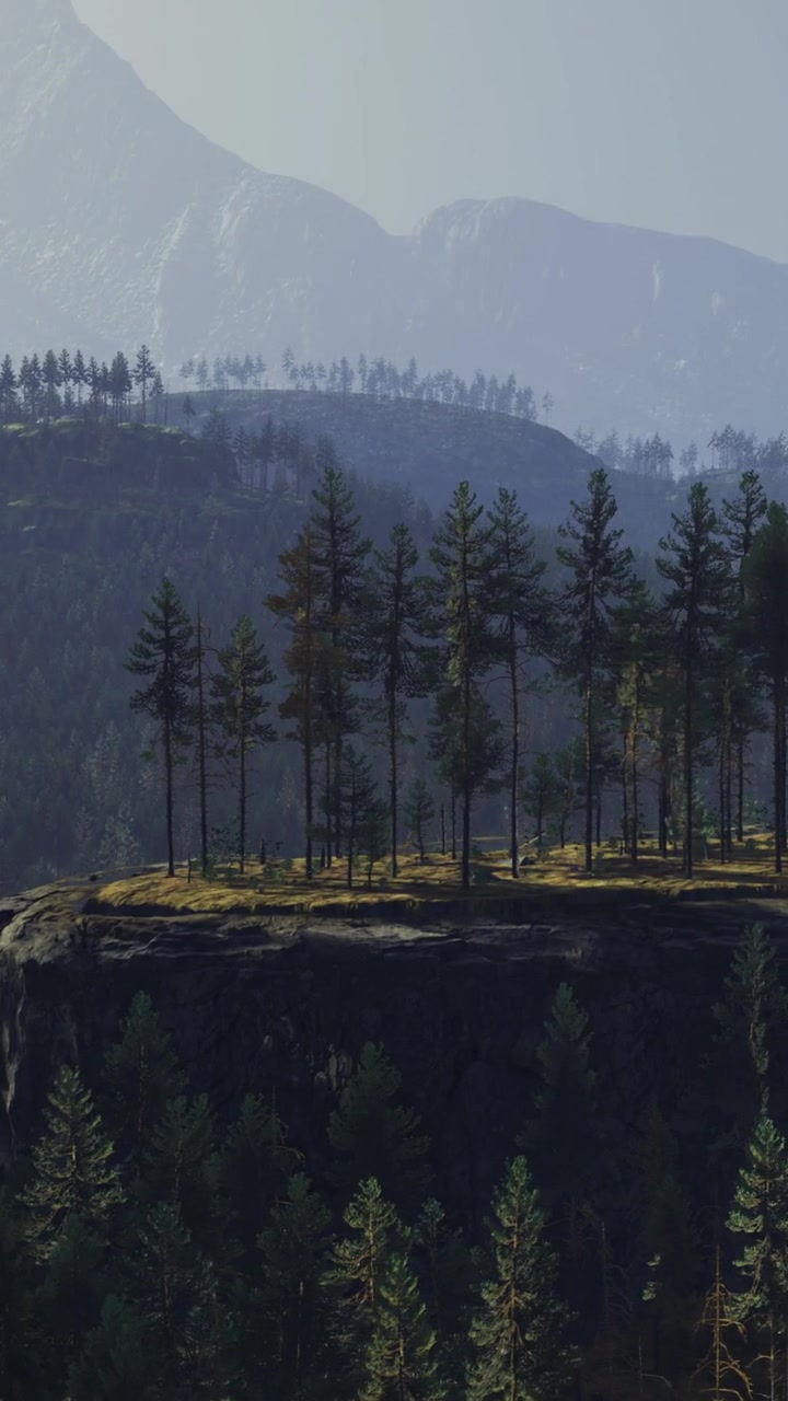 Alberi alti crescono su una sporgenza rocciosa vicino a una montagna in lontananza