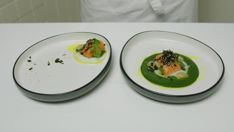 chef serving fancy salmon meal on plates in restaurant kitchen,close up