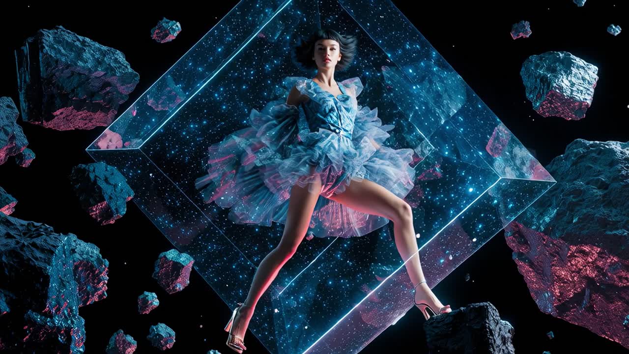 A breathtaking visual of a model gracefully posed within a shimmering cube, surrounded by celestial floating rocks and a mesmerizing starry backdrop, evoking a sense of otherworldly beauty and elegance