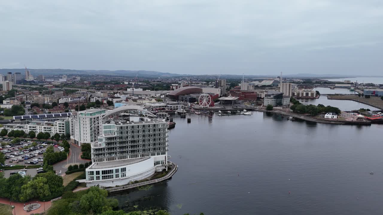 Panning drone aerial Cardiff Bay UK rising panning shot 4K