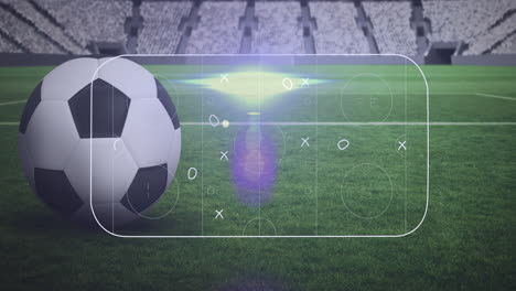 animation of game plan and soccer ball at stadium