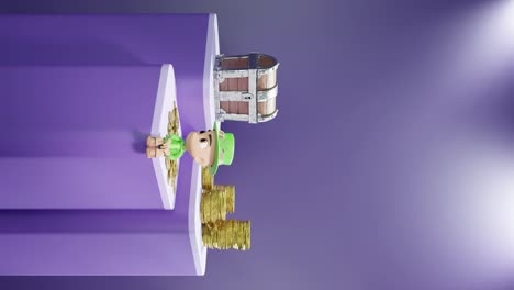 vertical de día de san patricio irlanda concepto enano irlandés sentado en un pedestal para producto exhibición de comercio electrónico en línea con tesoro de oro y moneda de dinero en fondo púrpura