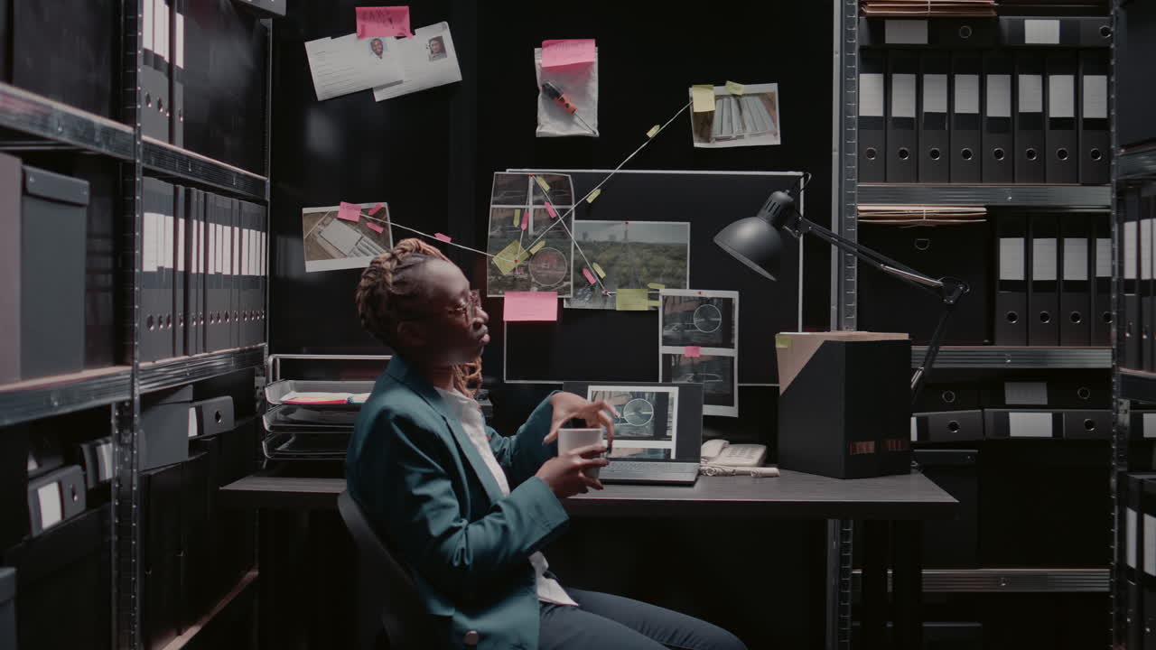 Woman working at desk with computer and evidence board in office