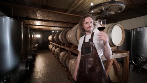 authentic shot of successful male sommelier is tasting a flavor and checking white wine quality poured in transparent glass in a wine cellar.