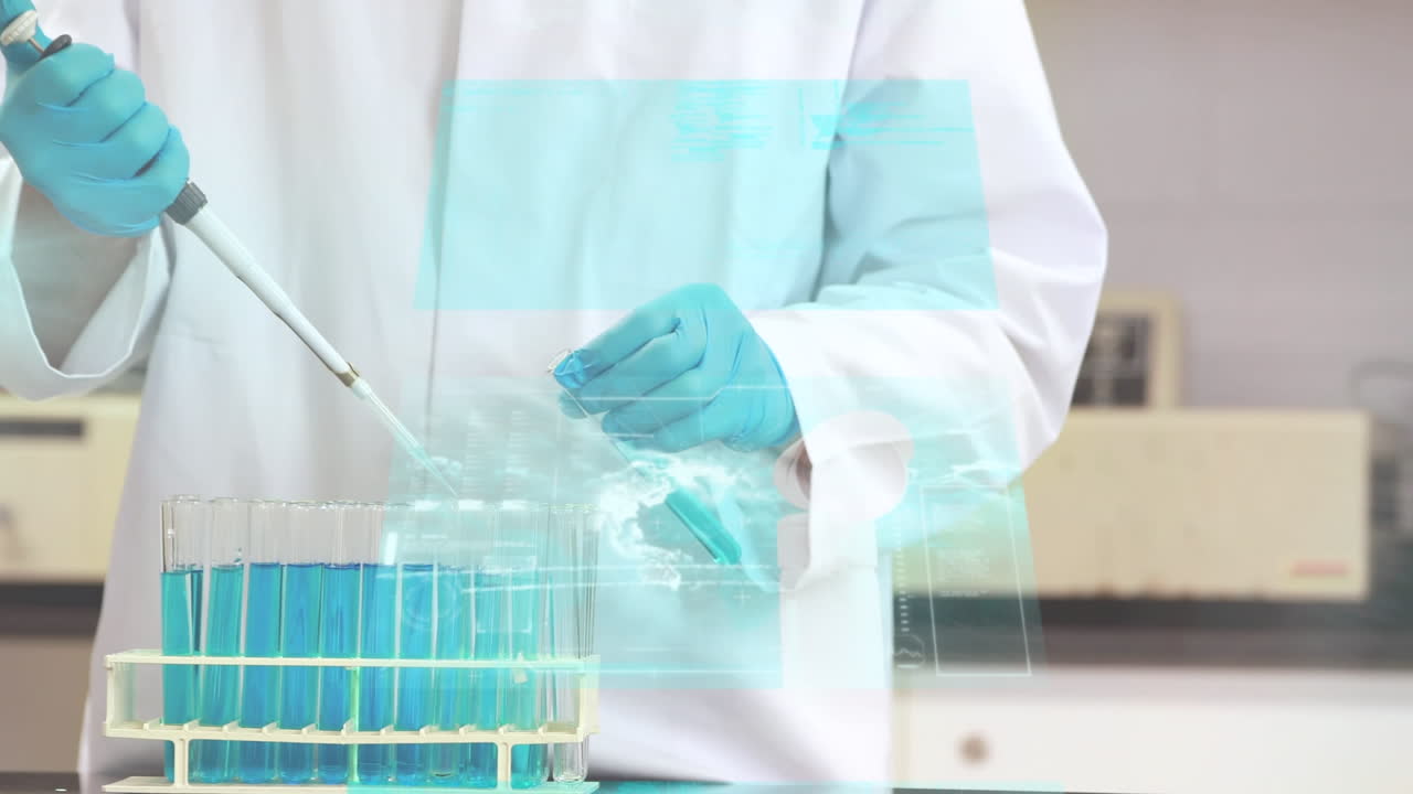 실험 튜브를 가진 과학자에 대한 데이터 처리 애니메이션