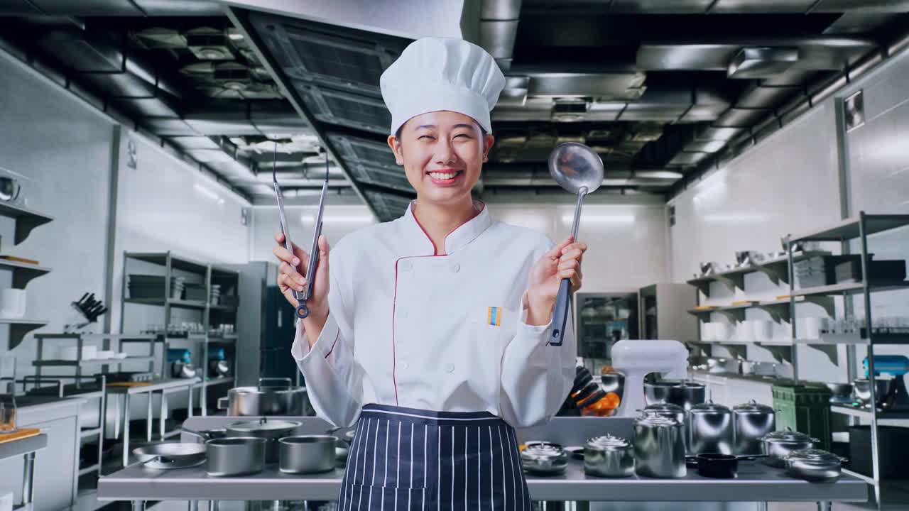 mujer chef asiática sonriendo y mostrando pinzas y cuchara a la cámara en la cocina profesional