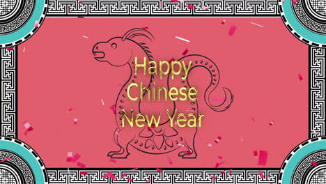 animation of happy chinese new year text over dragons and chinese pattern on red background