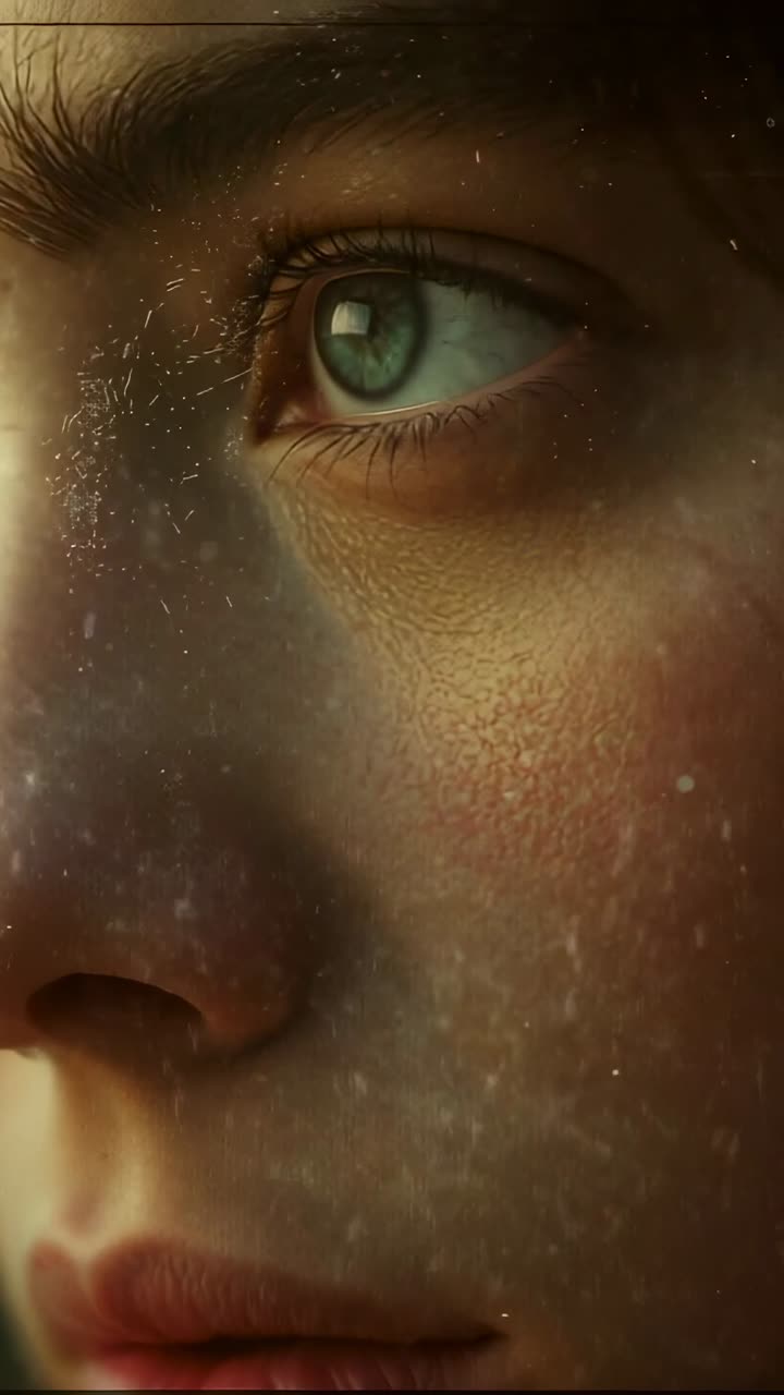 Vertical video: Maintaining gaze, teen girl blinking after lighting shift in studio, dust particles