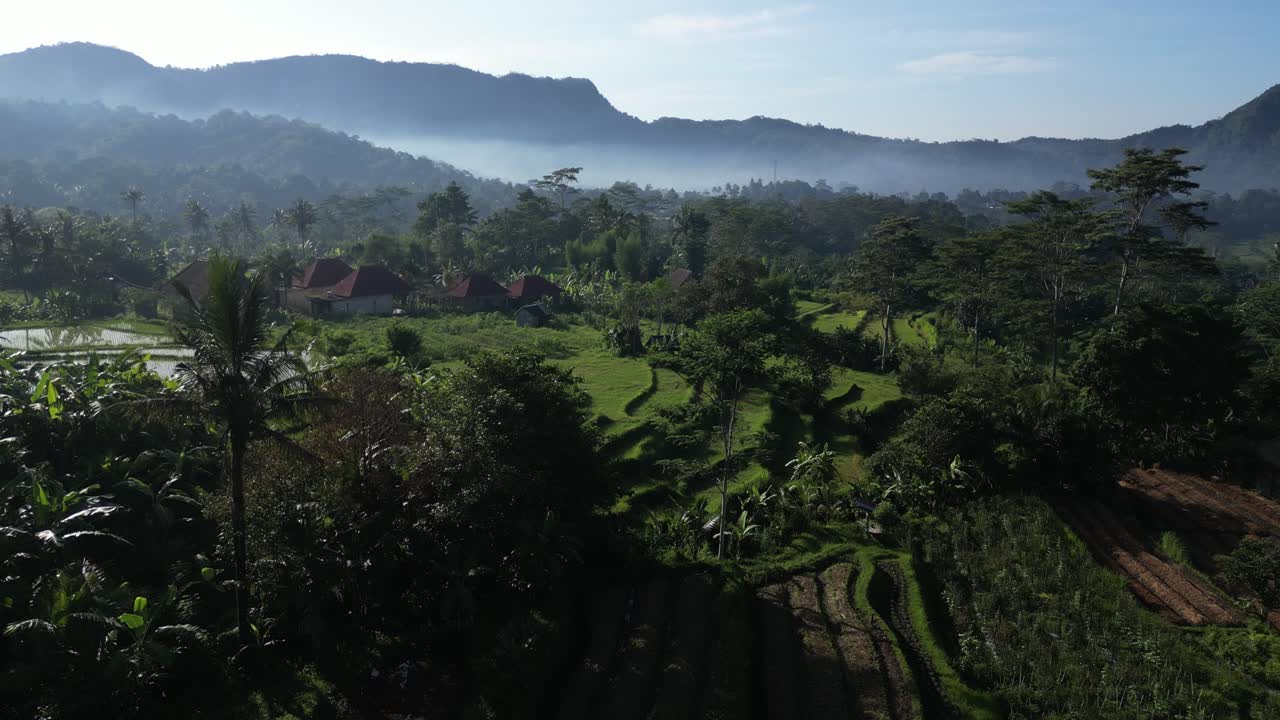 una mañana pintoresca en el este de bali con alrededores de la jungla y escenas de montaña brumosa